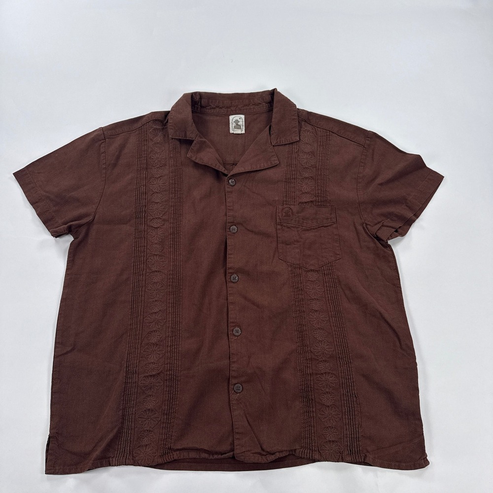 Dandy Del Mar Mens Shirt Large Brown Linen Blend Camp Guayabera Button Up